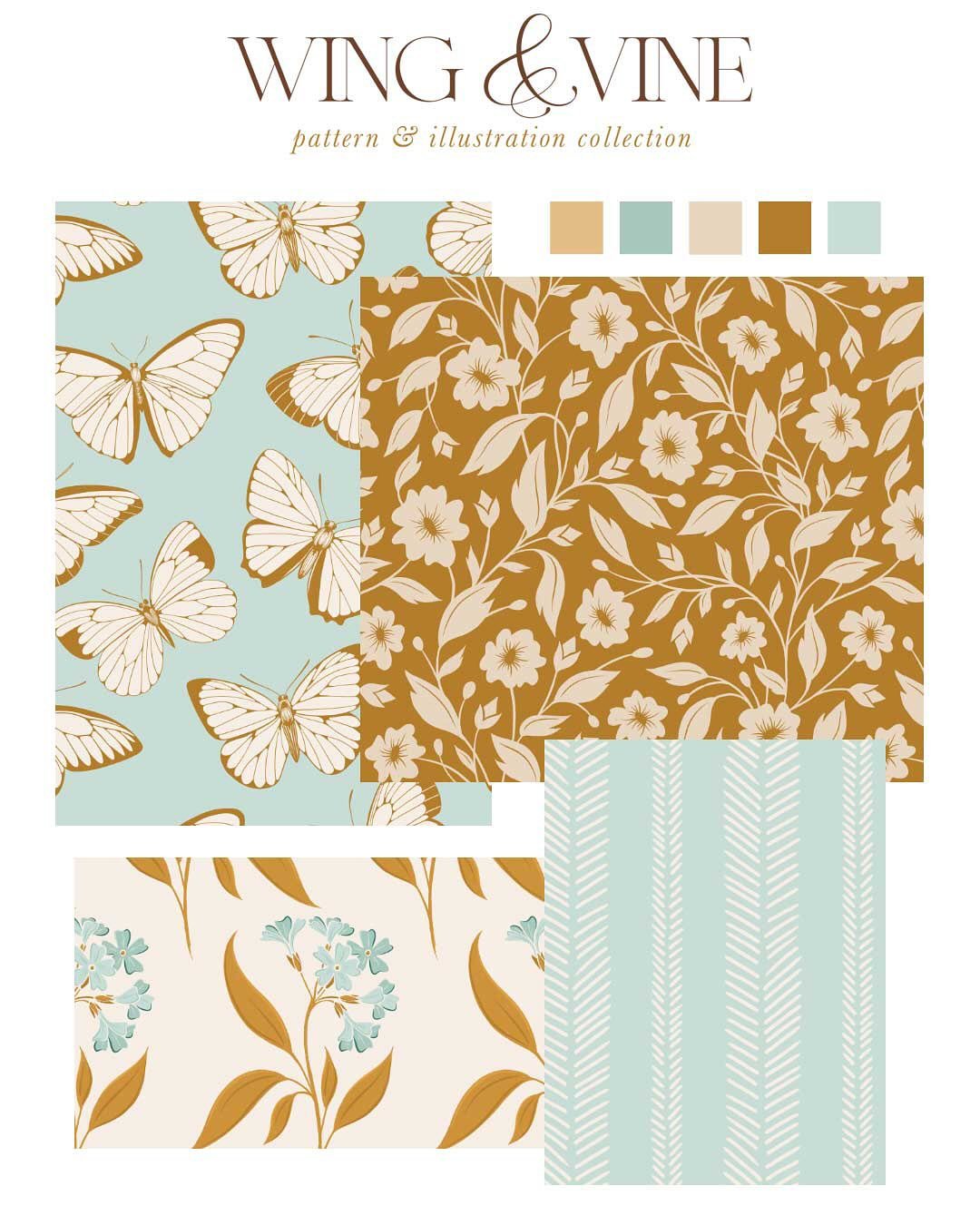 Wing &amp; Vine seamless floral butterfly surface pattern and illustration collection. 
.
.
Link: https://shoptheavalonrose.com/b/floral-butterfly-surface-patterns
.
.
#surfacepattern #surfacepatterndesign #butterflypattern #floralpattern #seamlesspa