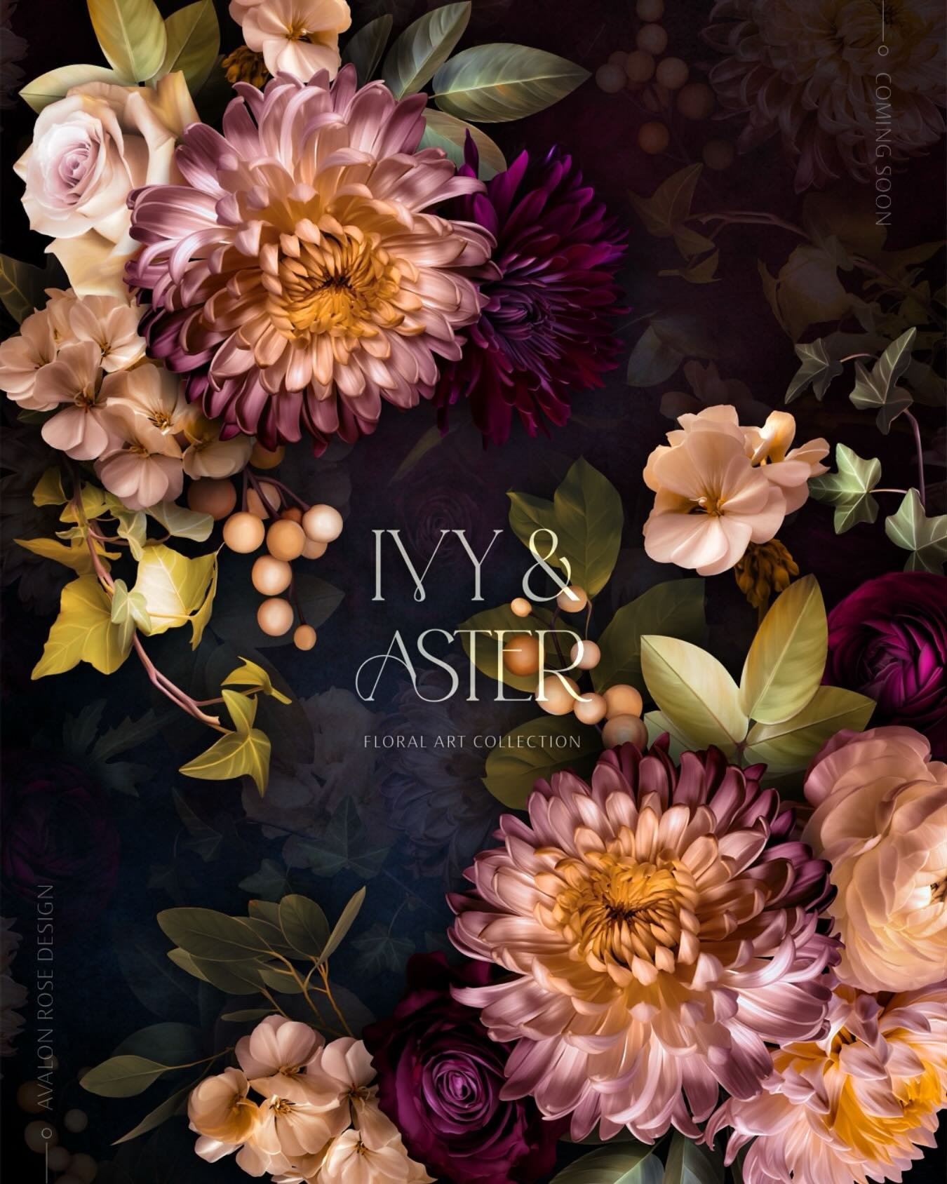 Glorious aster, rose, geranium, and ranunculus blooms interspersed with ivy and various greenery are combined with a bit of a dark gothic twist. Painted in Procreate based on my own photography. This digital floral art collection will be available so