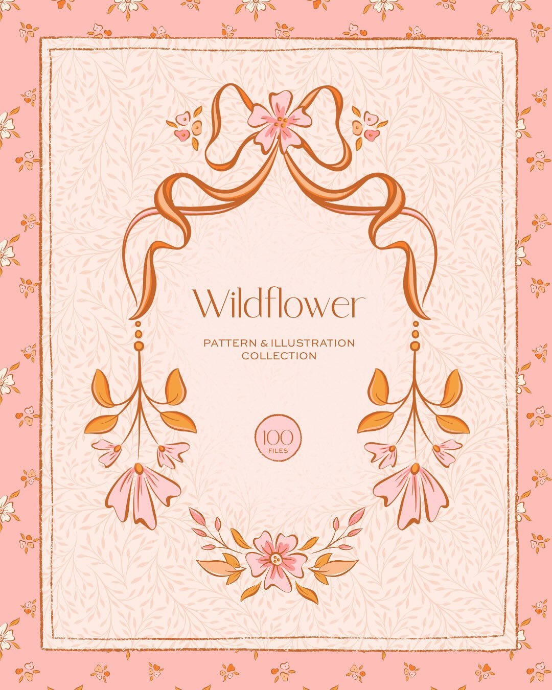 Whimsy and charm are at the heart of this collection of hand drawn floral illustrations, bows, frames, seamless patterns, and dividers with a pink, orange, and cream color scheme. Lend an element of vintage femininity with a modern twist to invitatio