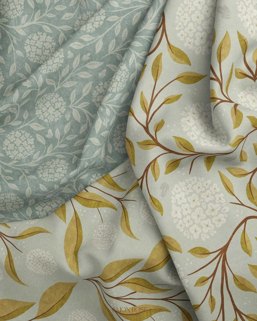 Hydrangea Home hand drawn surface pattern collection available now. Featuring delicate floral blooms, intricate leaves, and textural designs. A muted gray, blue, and green color palette that is so versatile.
