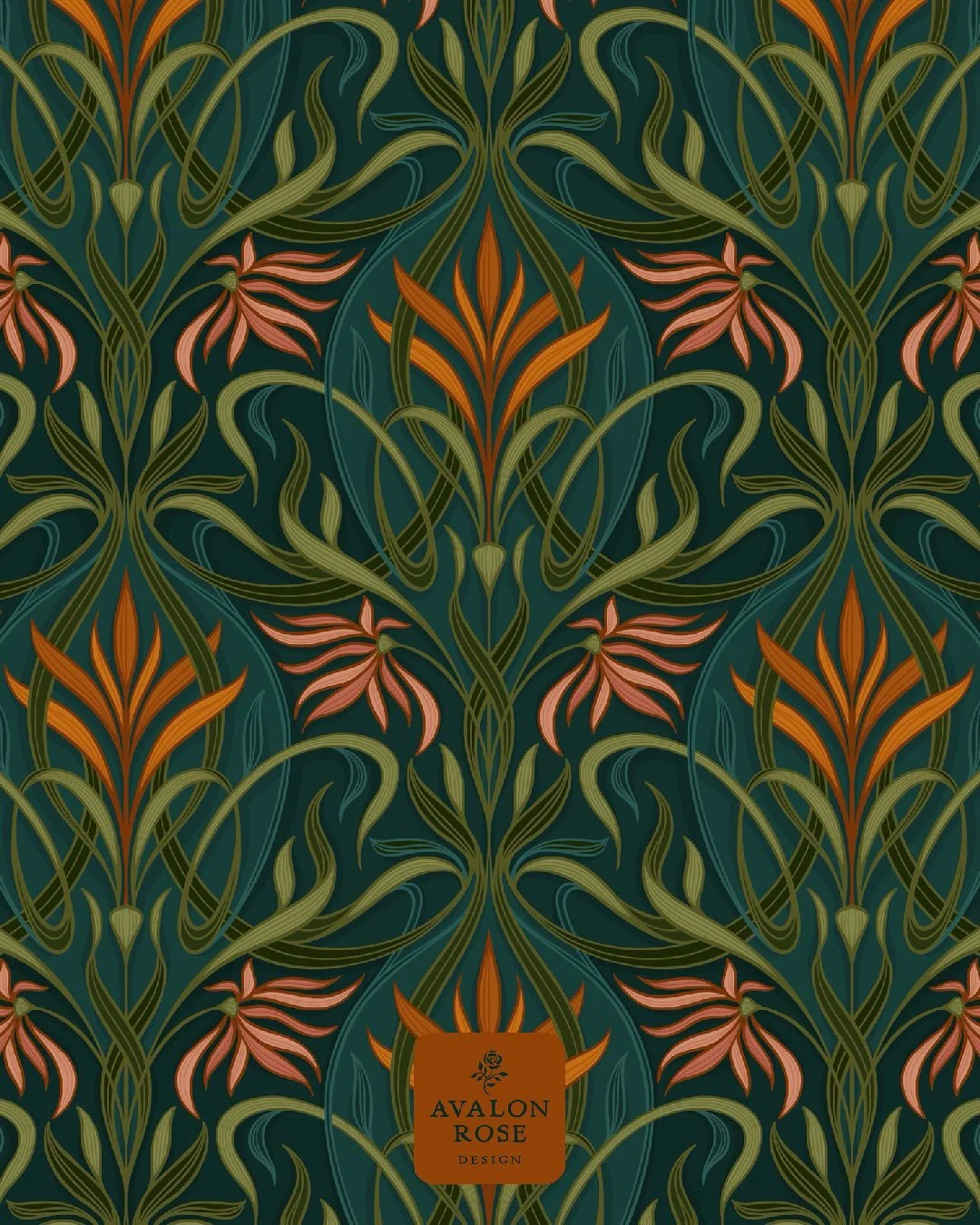 I&rsquo;ve always loved art nouveau design, and my new seamless surface pattern certainly reflects that. It has hand drawn pink and orange florals with green and teal intertwining palm leaves. It would definitely add vintage drama to upholstery, wall