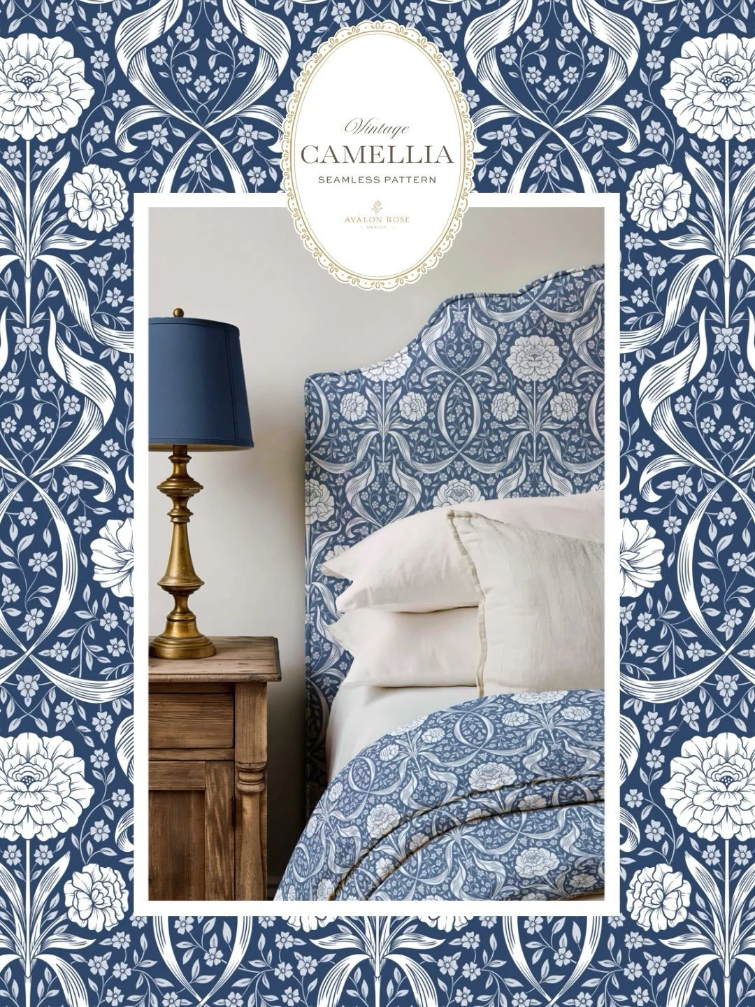 Camellias are one of my favorite flowers, so they became the focal point of my new arts &amp; crafts inspired surface pattern design. I created several color options for this pattern, and these are a few of my favorites. Perfect for wallpaper and hom