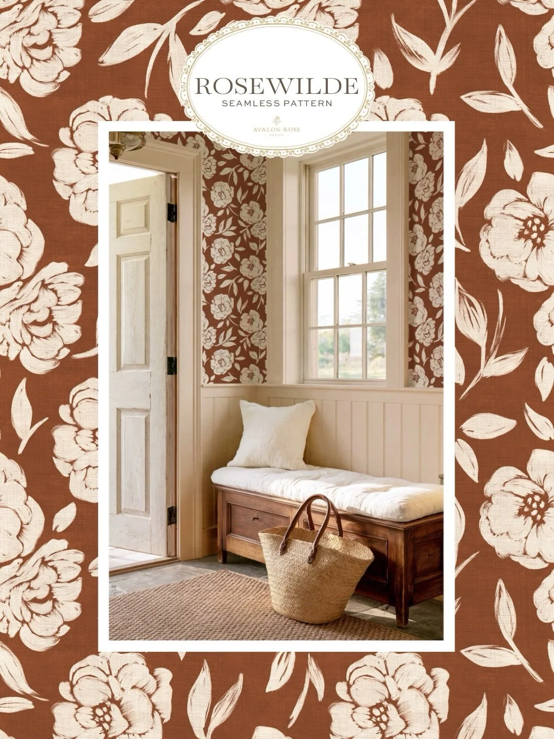 Meet my new(ish) Rosewilde pattern design. Loose, hand-painted roses on a soft textured background.

On fabric, it becomes tea towels, table linens, or upholstery with real texture and warmth. On wallpaper, it turns a home office or entryway into som