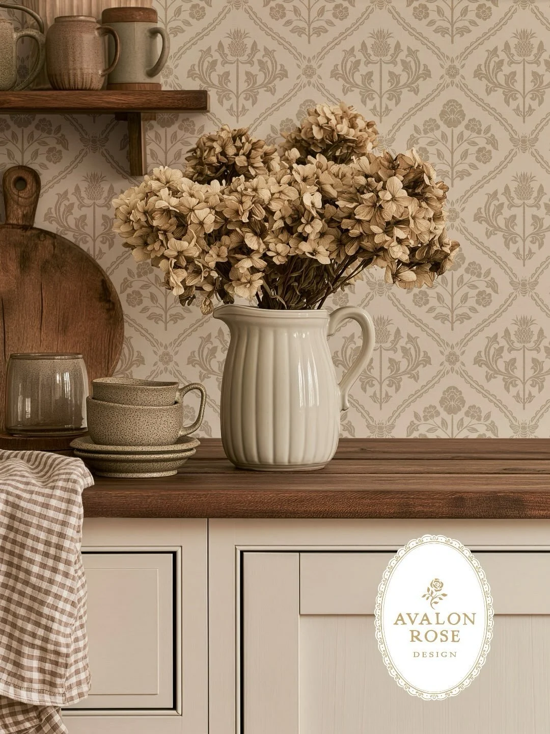 Bronwyn is a hand-illustrated seamless surface pattern featuring Scottish thistles, honeybees, and blooming florals. A heritage style design within a scalloped diamond trellis, inspired by Arts &amp; Crafts. This pattern is well-suited for textile ma