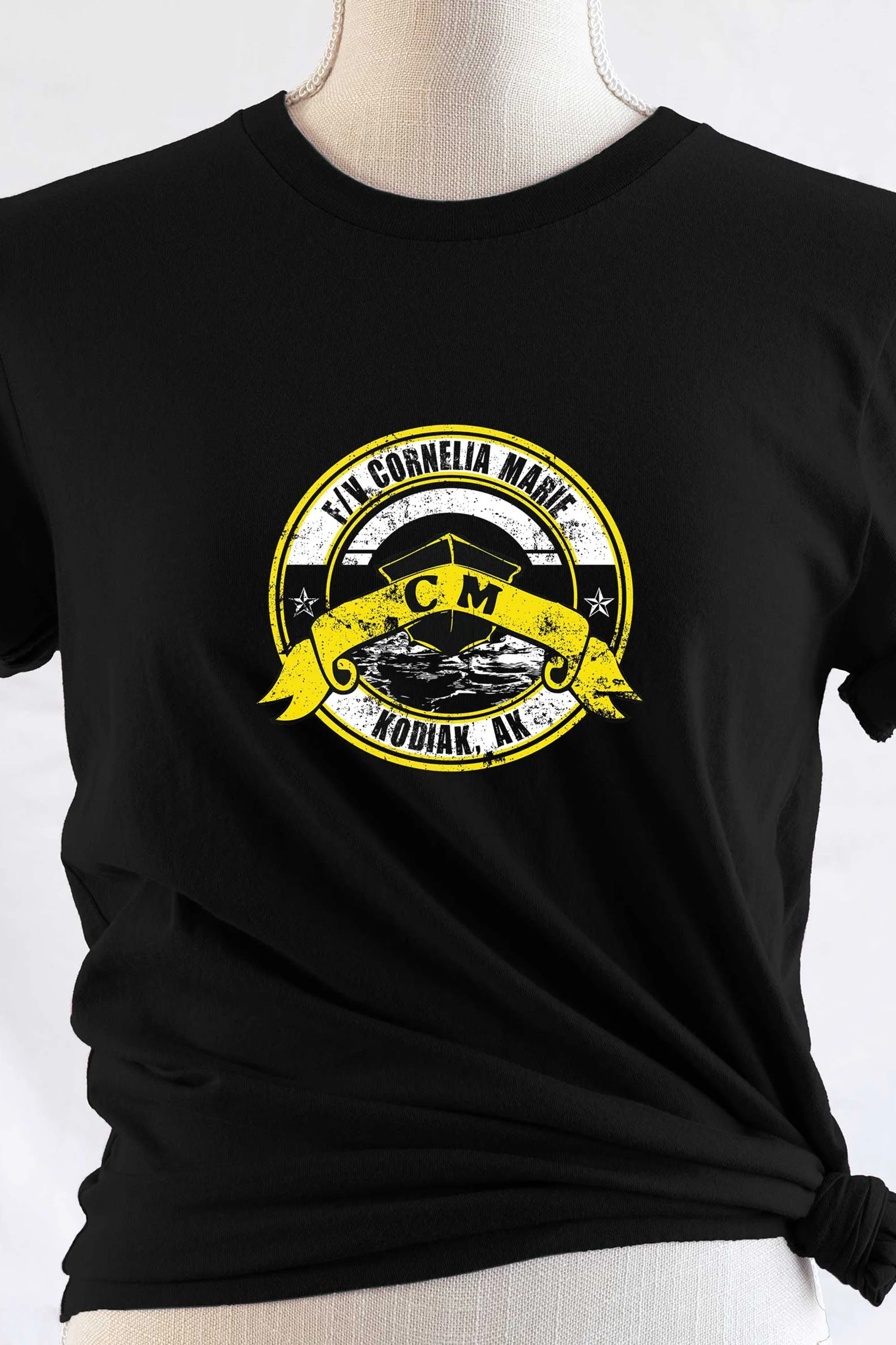 Black t-shirt with a yellow and white design