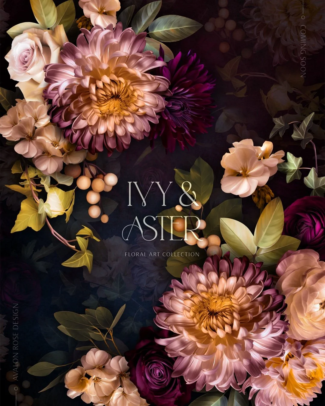 realistic painted dark and moody floral design with asters, roses, and ivy