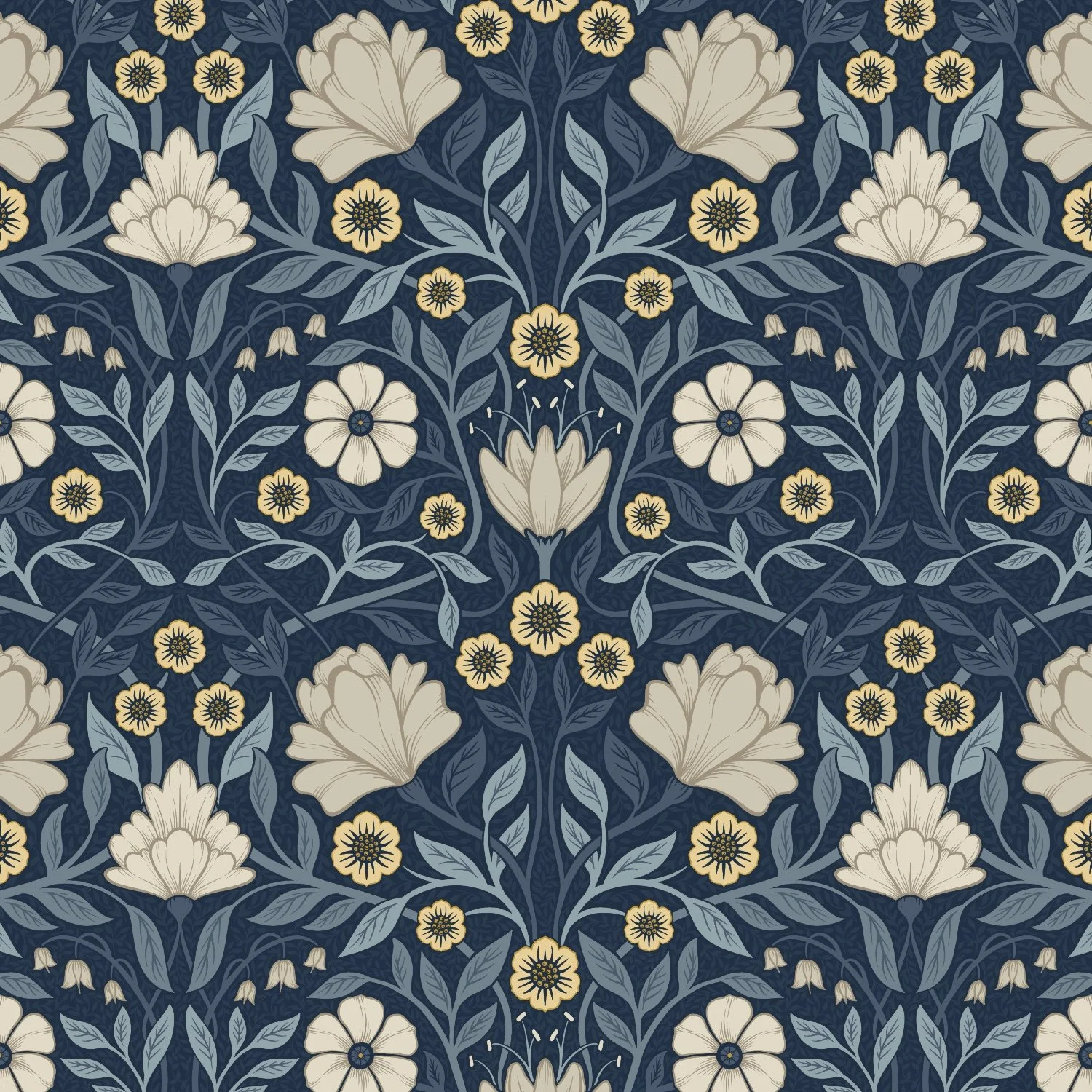 A detailed floral pattern with cream and yellow flowers, blue leaves, and dark background.