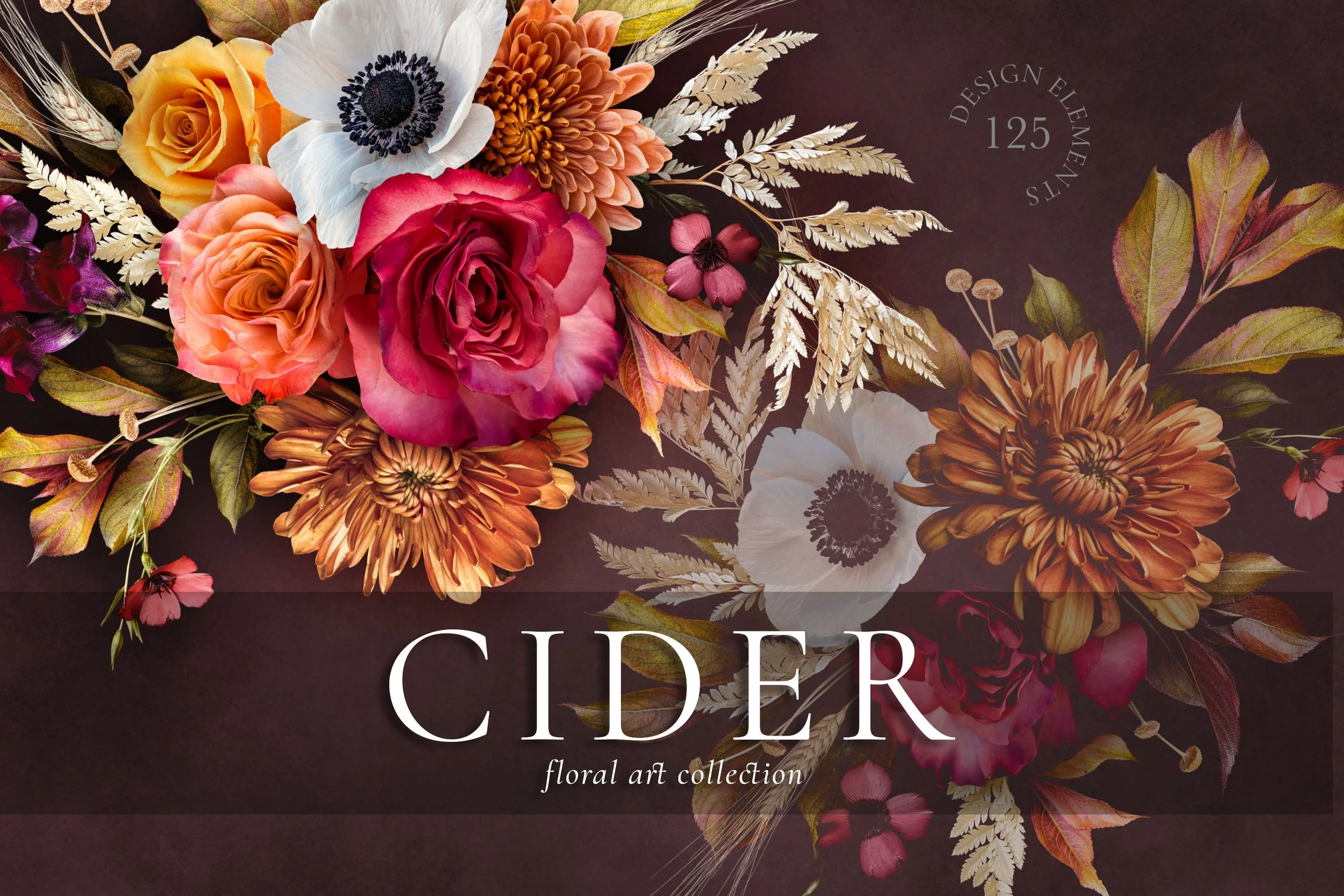 A floral art display with colorful flowers including roses, anemones, and daisies, with the word 'CIDER' and the subtitle 'floral art collection' on a dark background.
