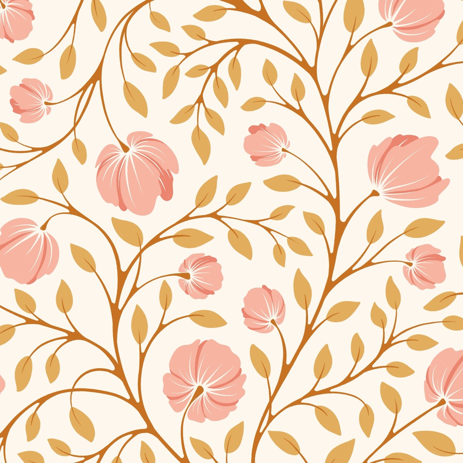 Floral pattern with pink flowers and brown leaves on a light background.