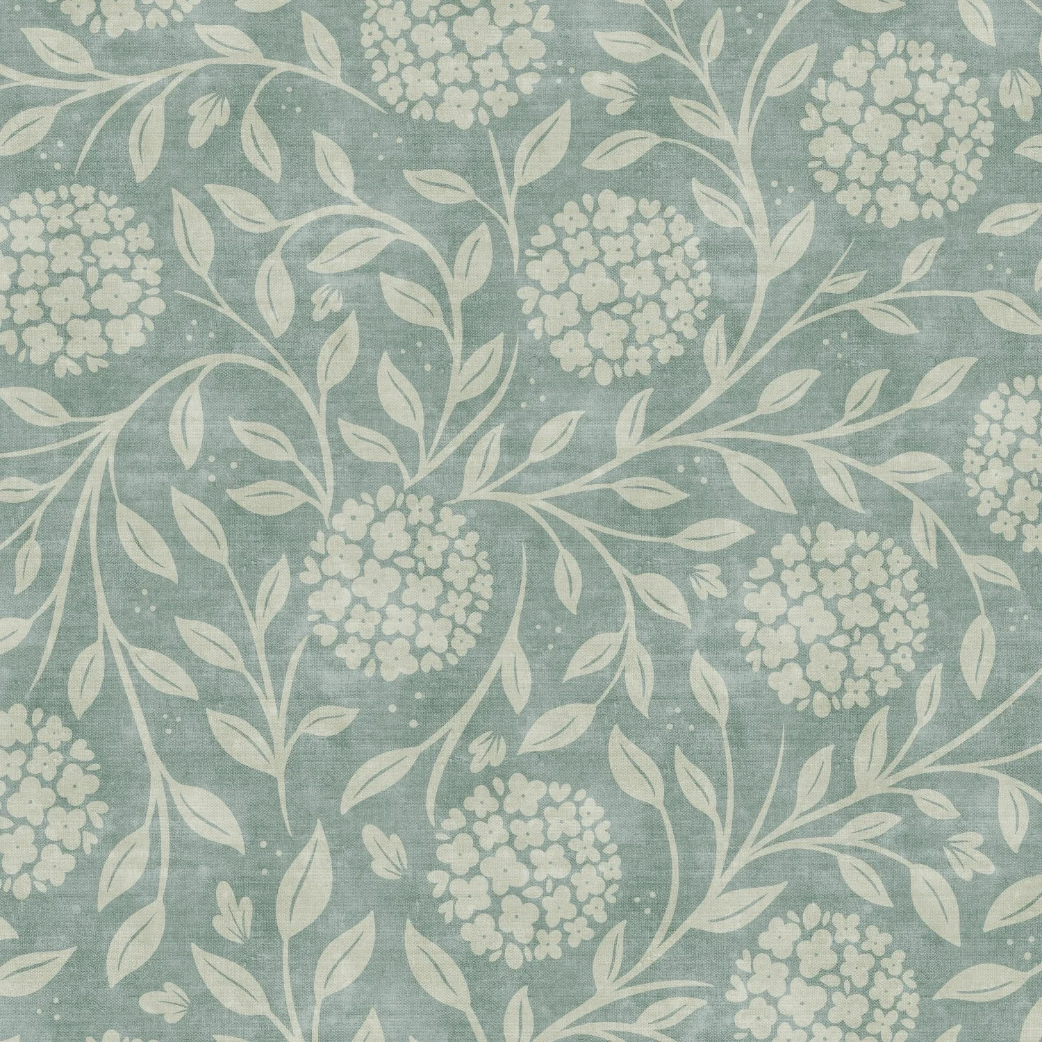 Light blue fabric with white floral pattern, featuring clusters of small flowers and elongated leaves.