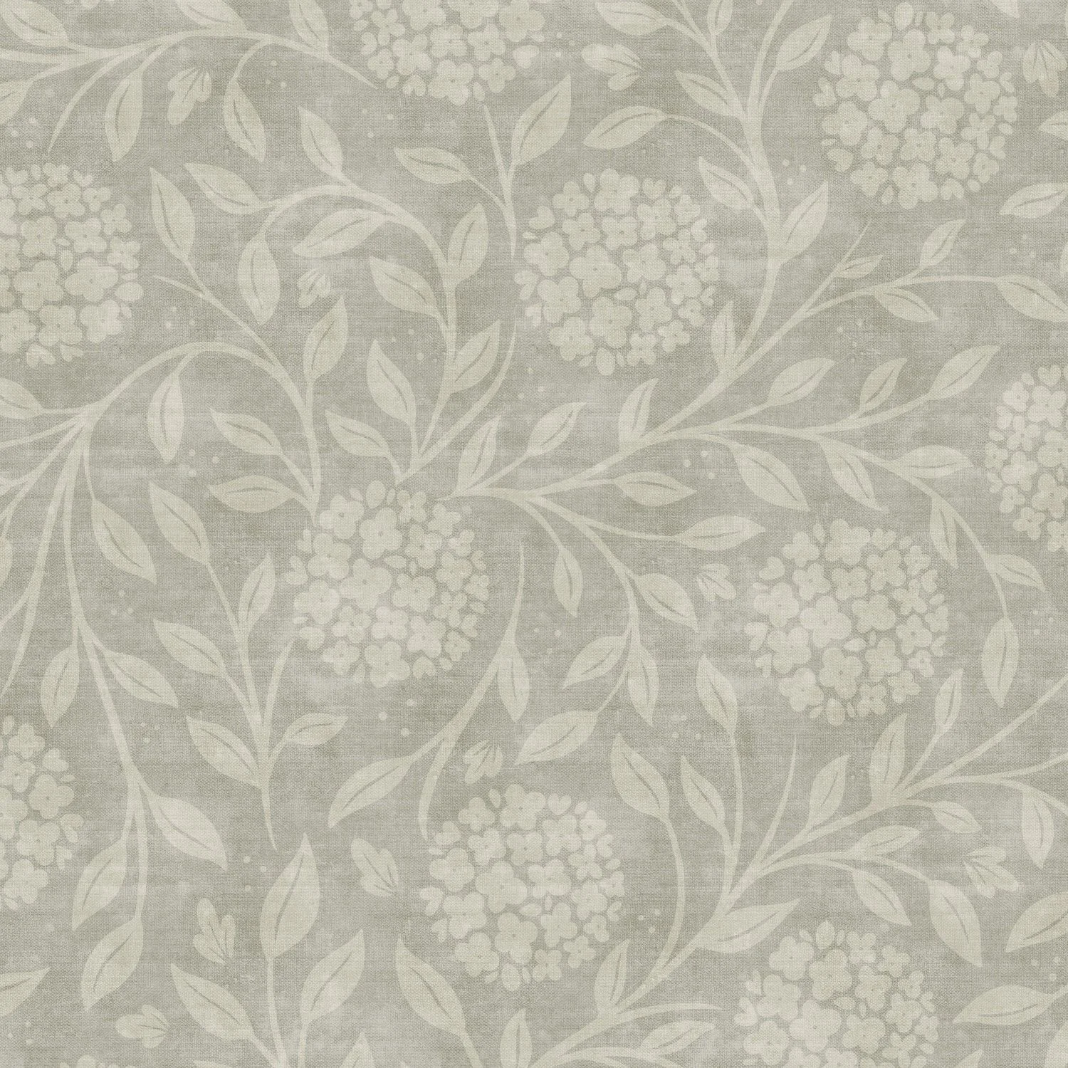 Light gray fabric background with a white floral pattern featuring clusters of small flowers and elongated leaves.