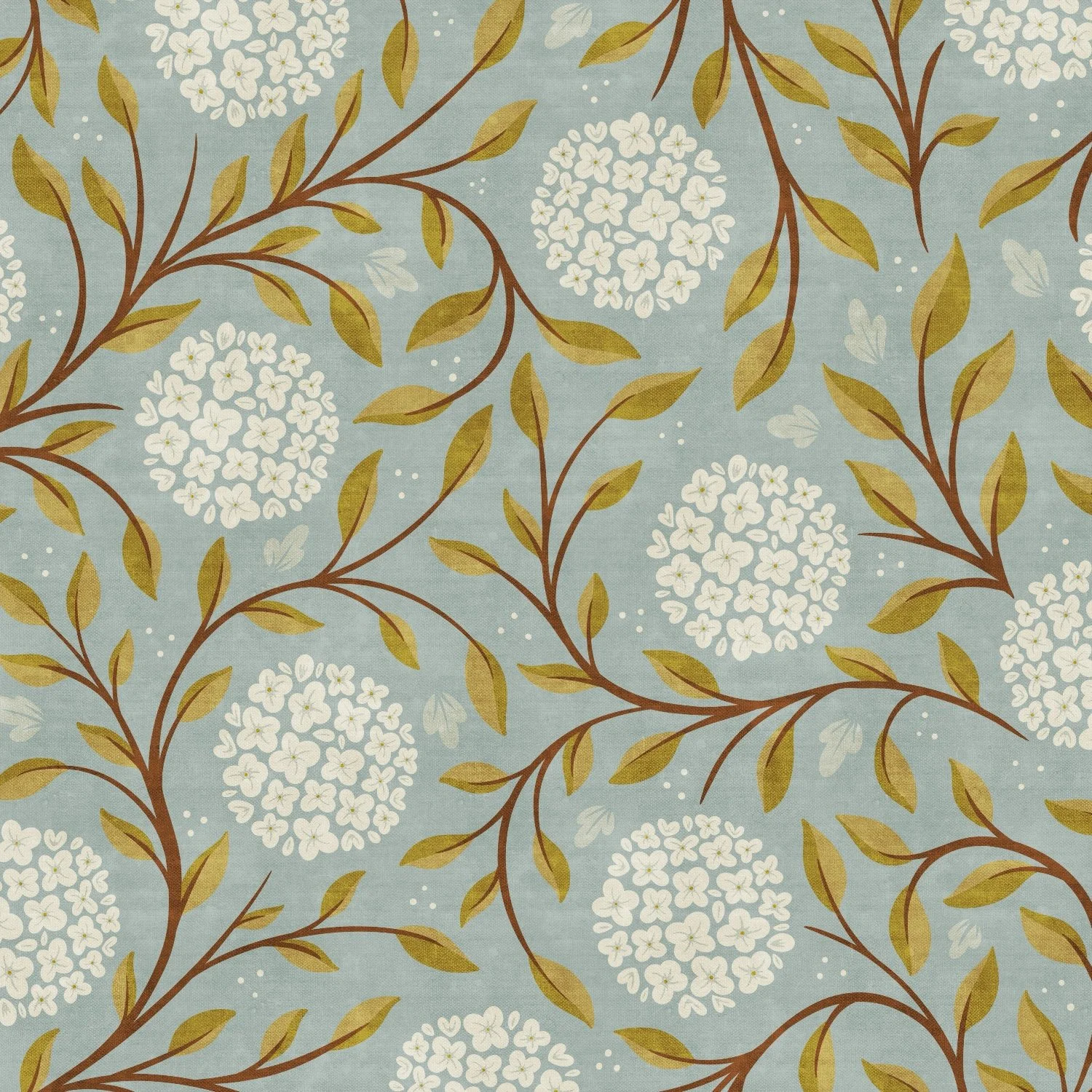 A floral pattern with white flower clusters on a light blue background, intertwined with brown branches and greenish-brown leaves.