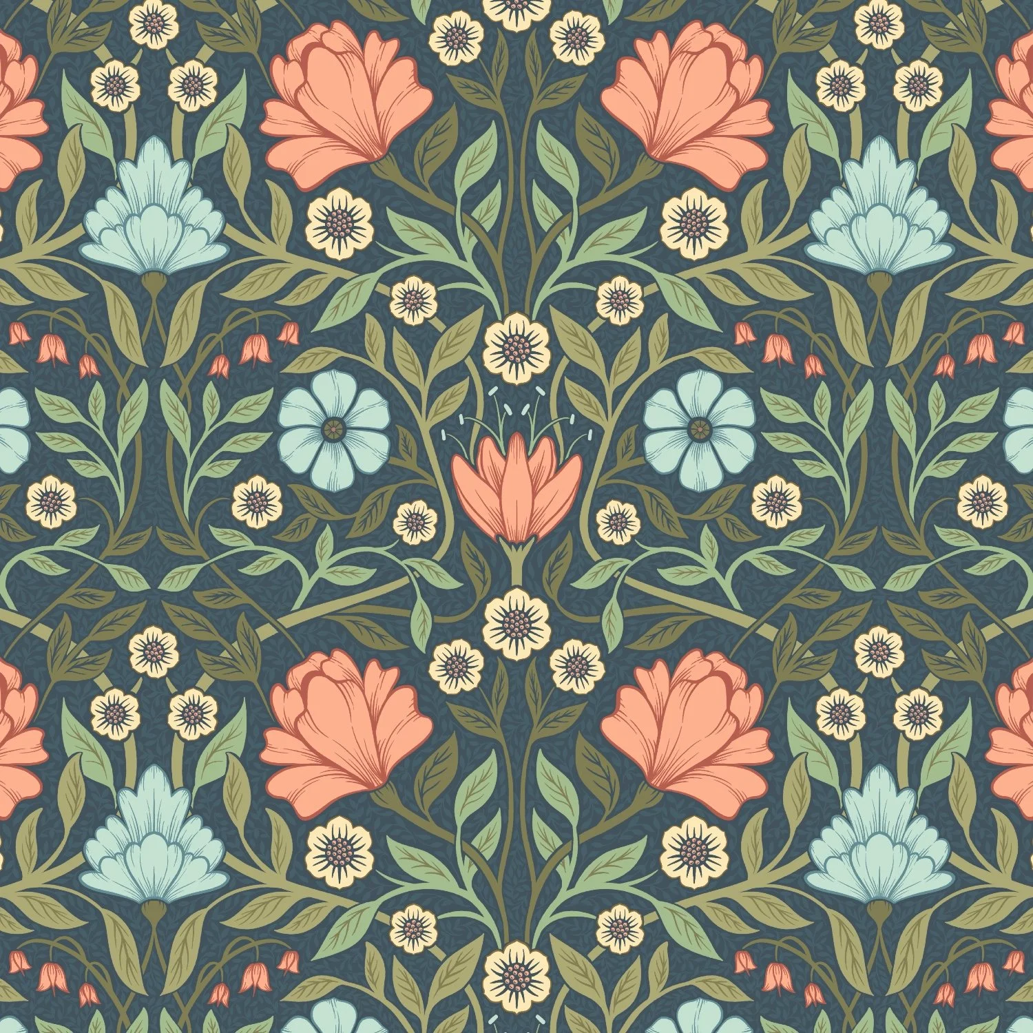 Pattern of large peach flowers, light blue flowers, smaller cream-colored flowers, and green leaves on a dark blue background.