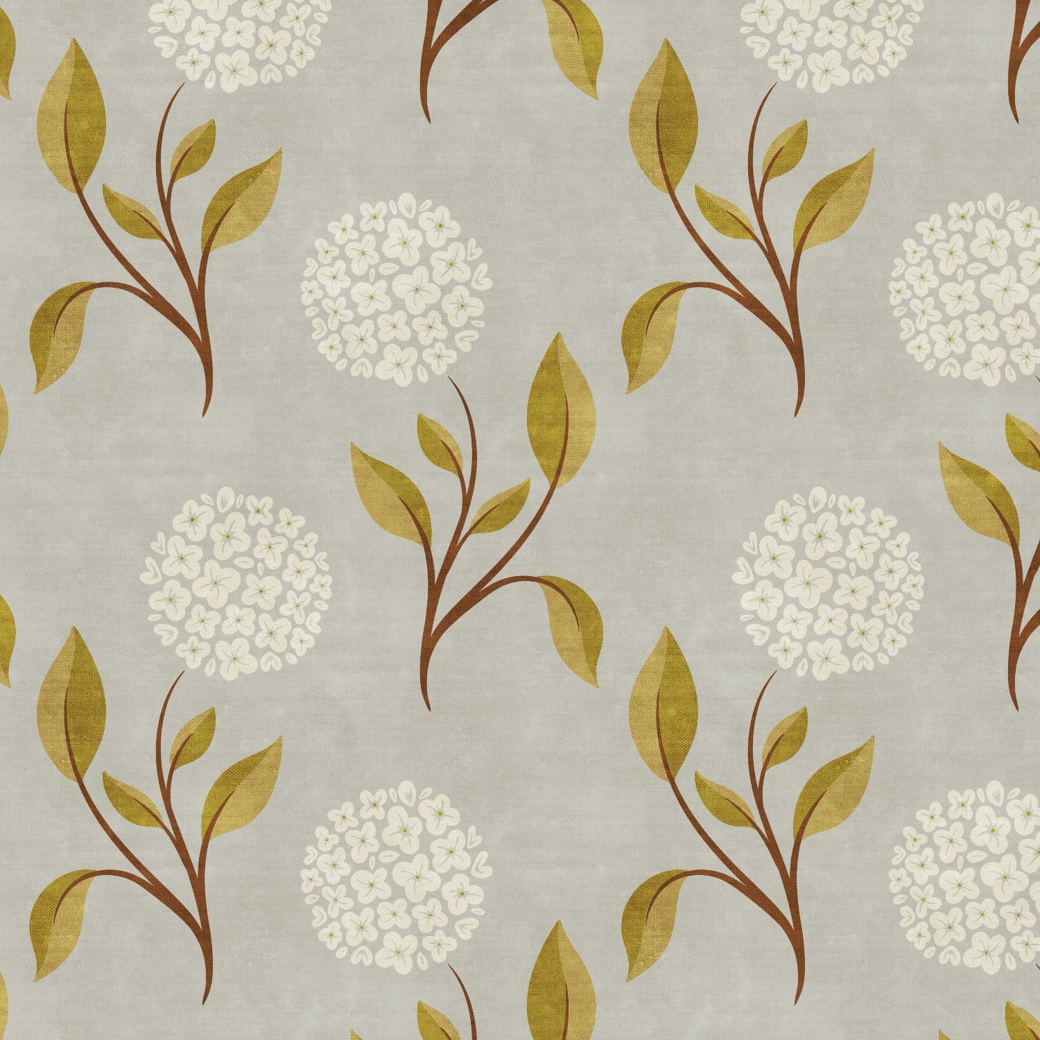 A fabric pattern with white flowers arranged in clusters, brown stem outlines, and greenish-yellow leaves on a light textured background.