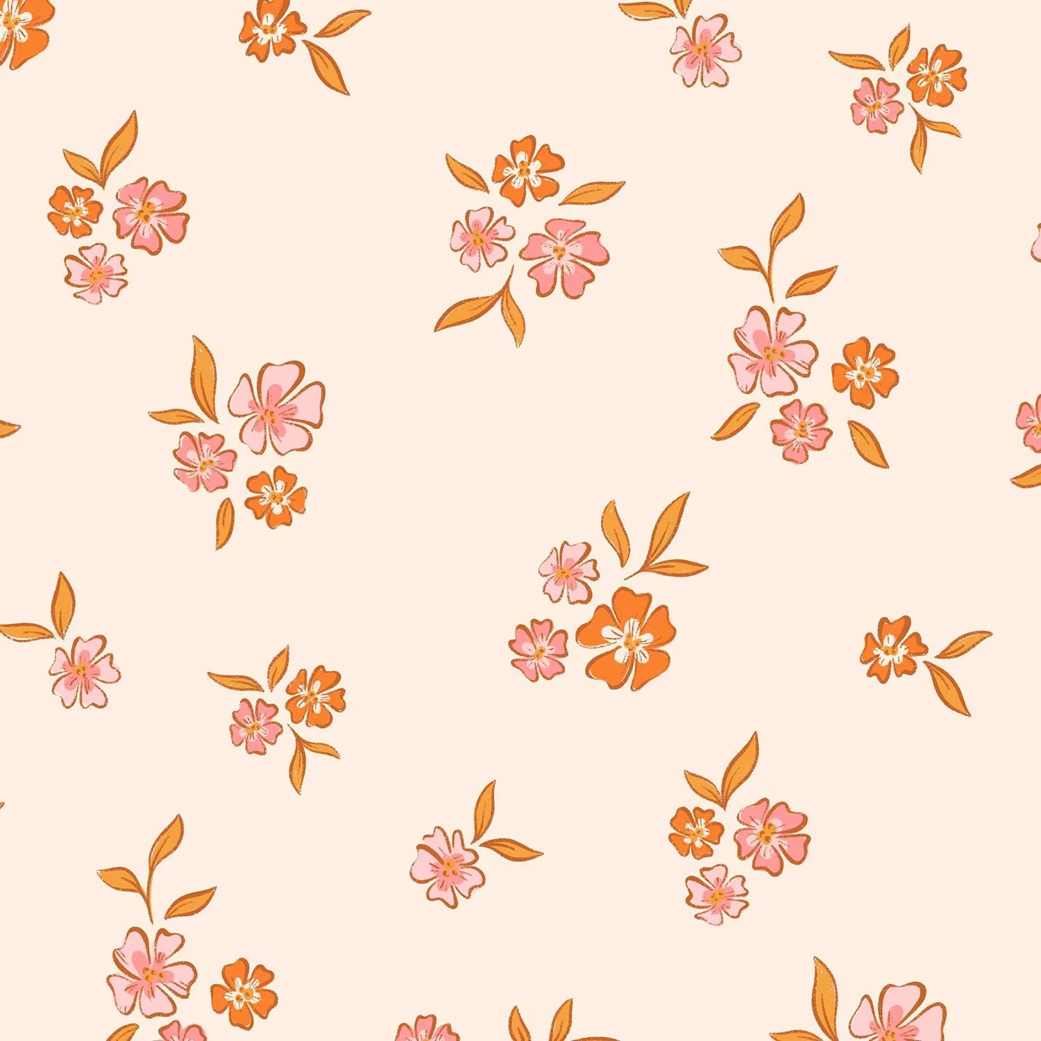 A seamless floral pattern featuring pink and orange flowers with brown leaves on a light beige background.