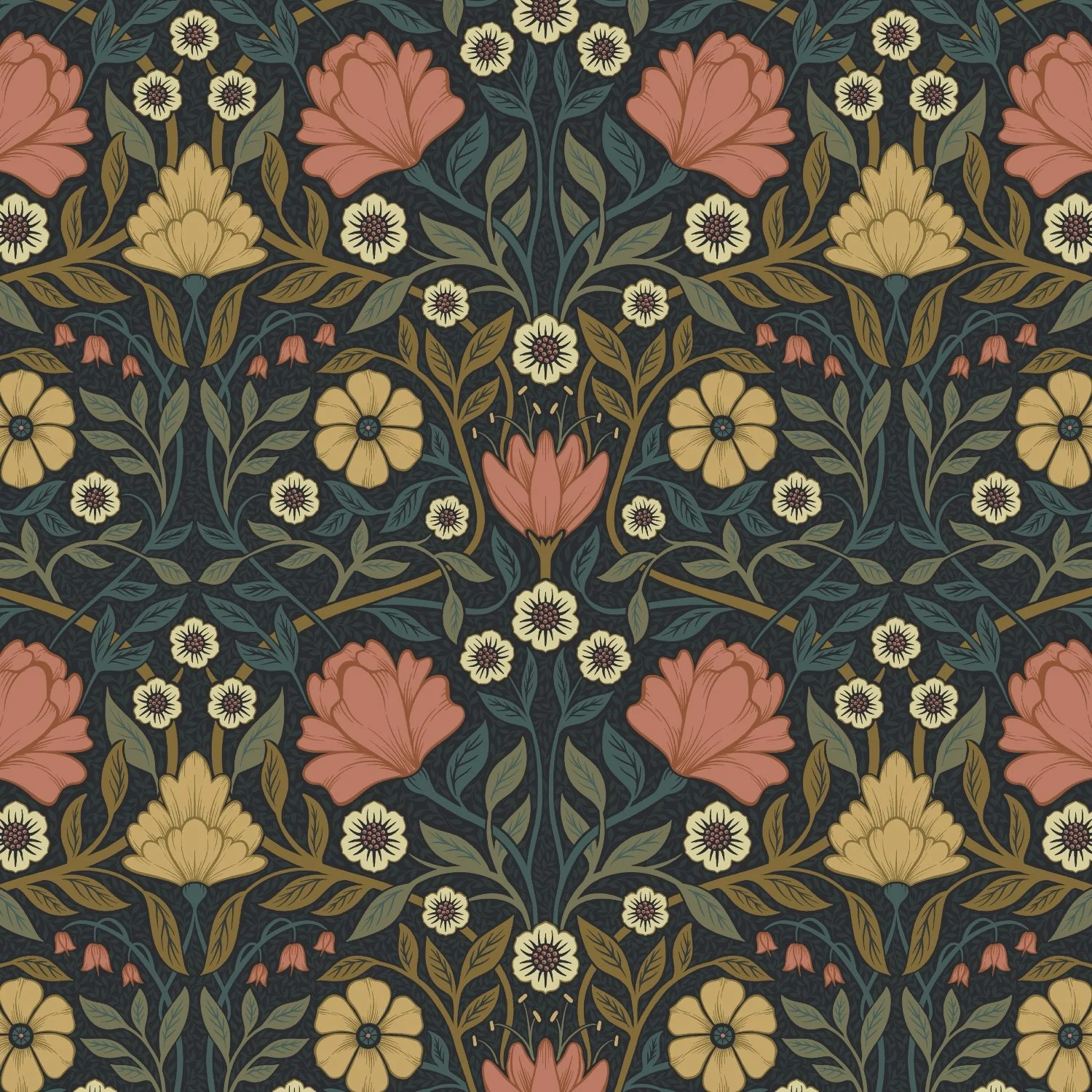 A repeating floral pattern featuring large pink flowers, yellow flowers, and smaller cream-colored flowers with dark centers, surrounded by green leaves on a dark background.