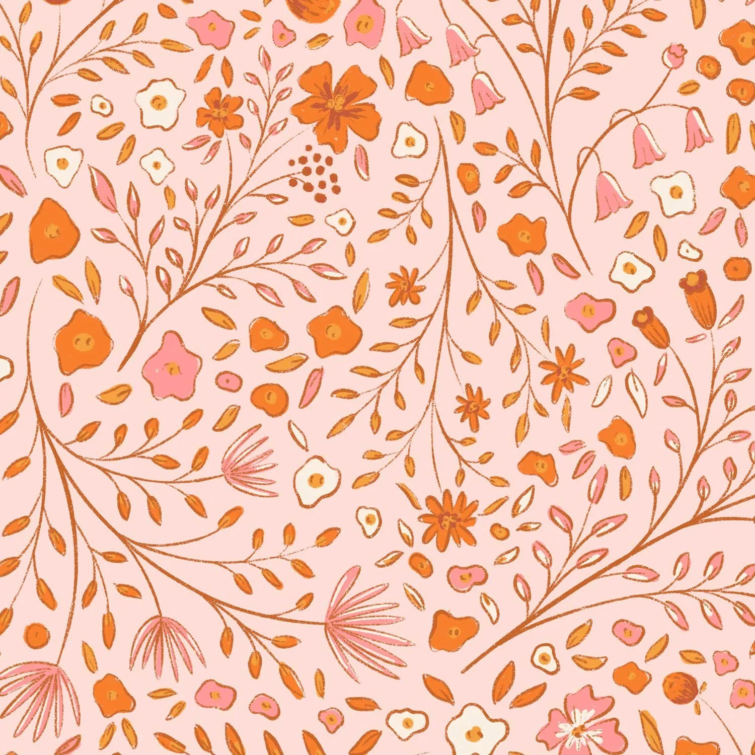 Pattern of orange, pink, and white flowers with brown stems on a light pink background.