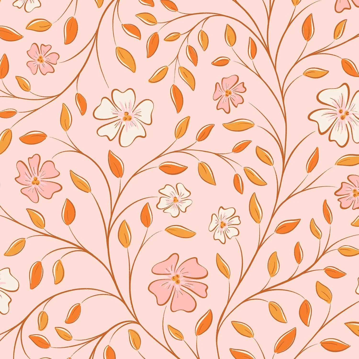 Pink background with a floral pattern of orange stems, leaves, and pink and white flowers.