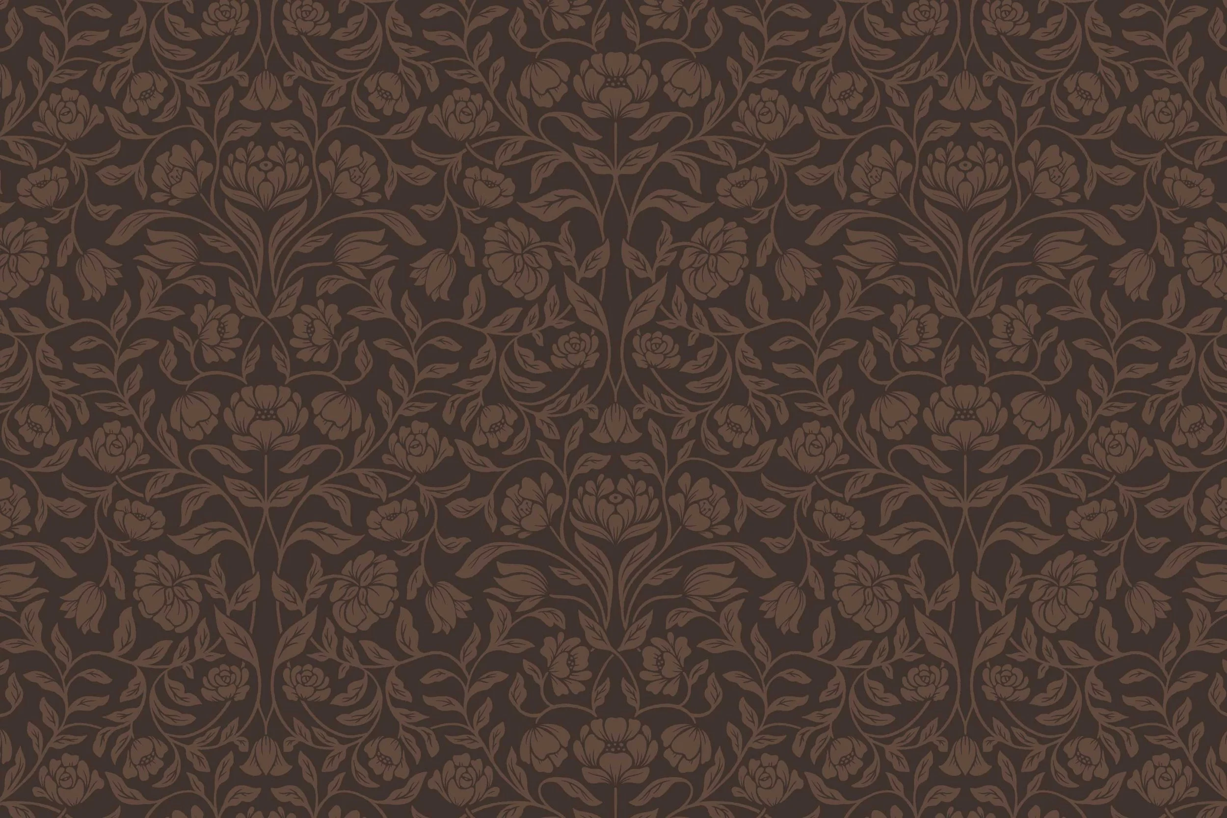 a dark brown floral wallpaper with intricate pattern of roses and leaves in a lighter brown shade