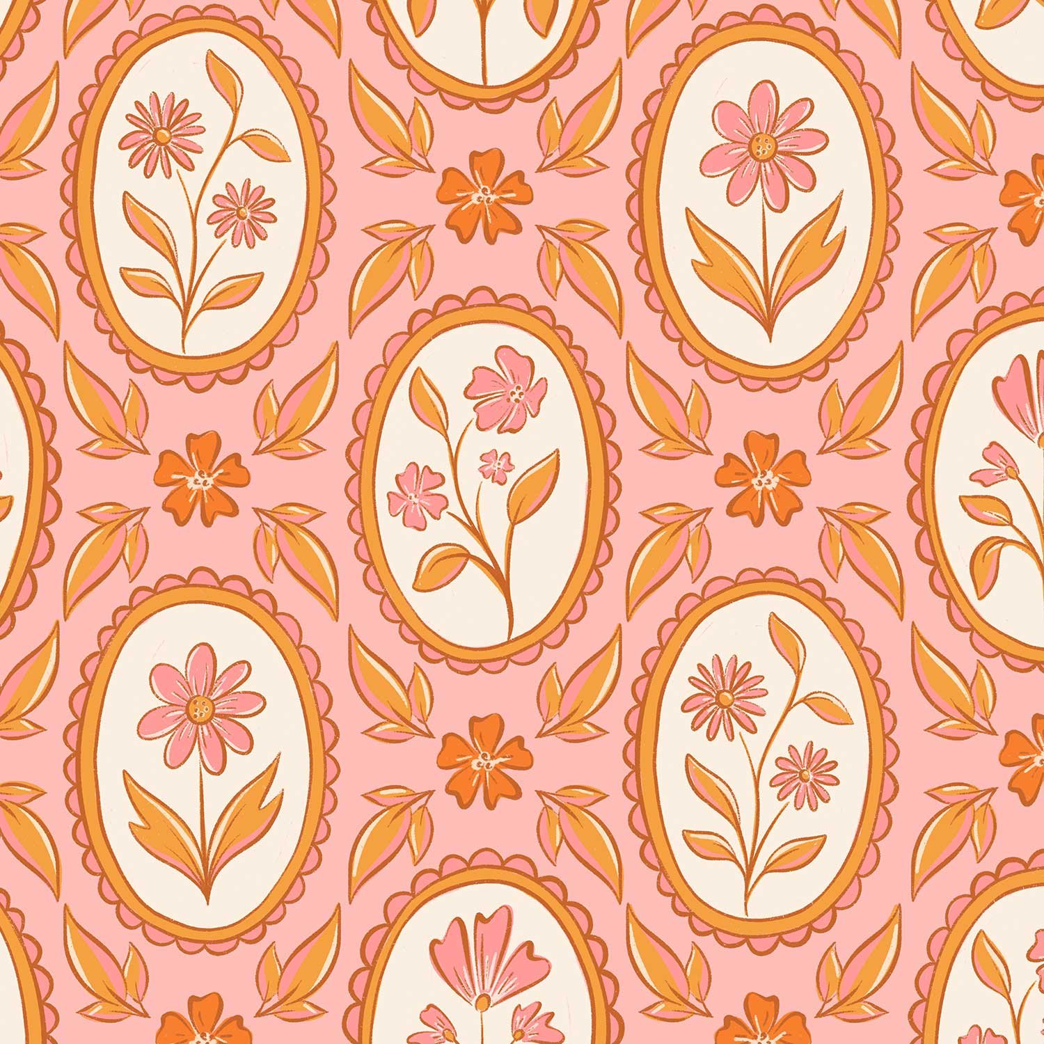 A repeating pattern of floral designs in oval frames on a pink background. The flowers are pink with greenish-yellow leaves, and the pattern is decorated with small orange flowers and elongated leaves.