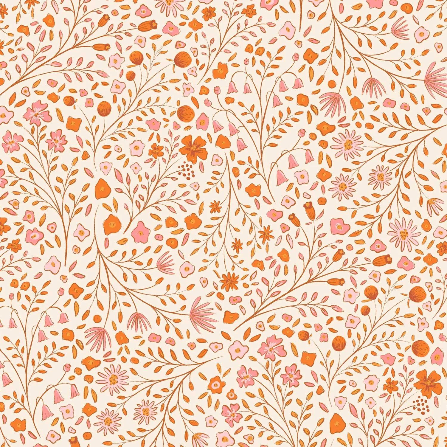 A floral pattern with orange and pink flowers, leaves, and stems on a light background.