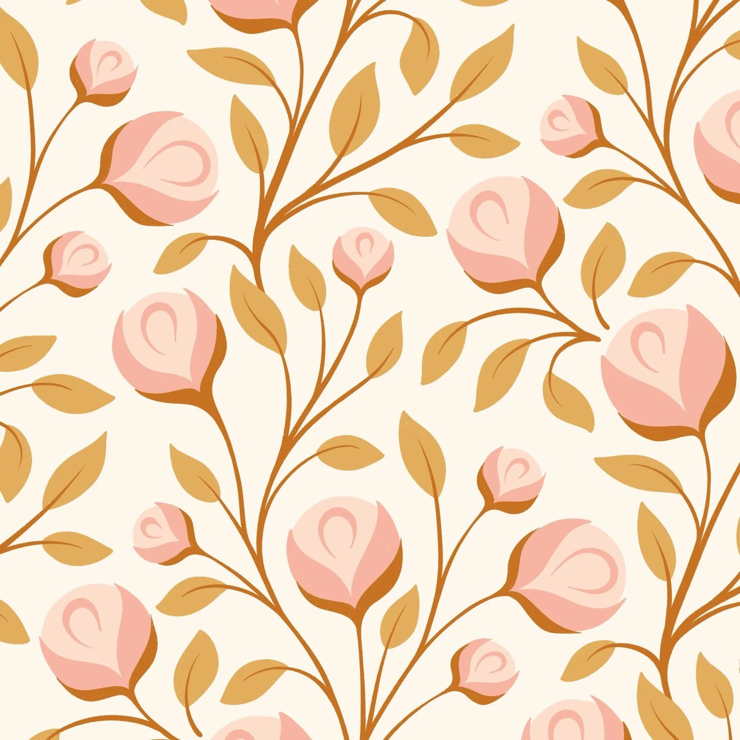 Pattern of pink roses with brown stems and tan leaves on a light cream background.
