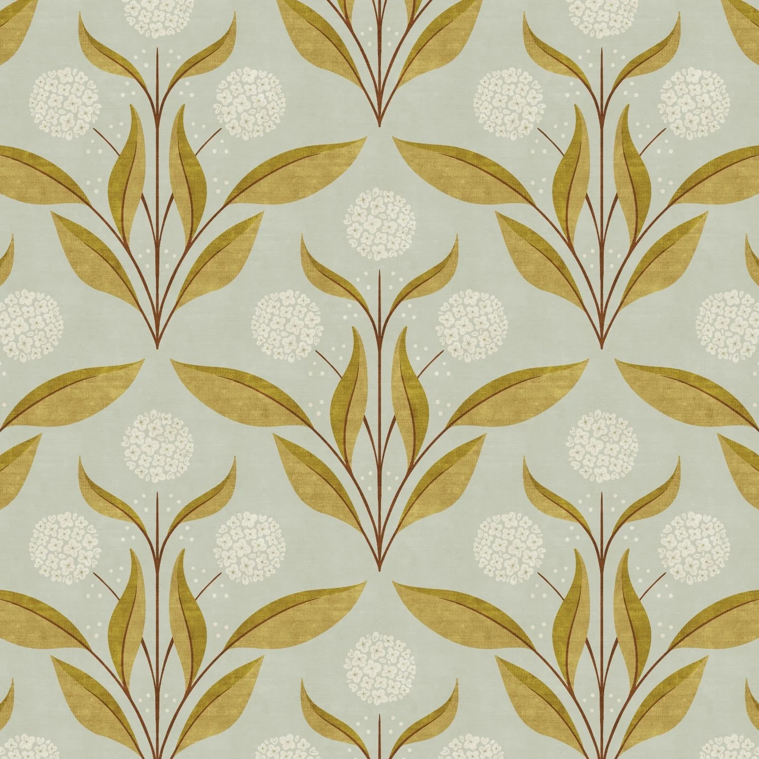 Pattern of stylized botanical motif with leaves and round clusters of small white flowers on a light green background.