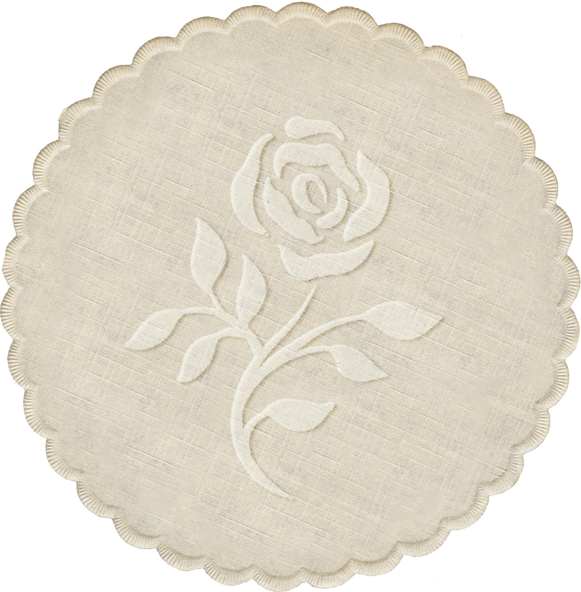 Beige oval-shaped lace doily with scalloped edges and a central embossed floral pattern.