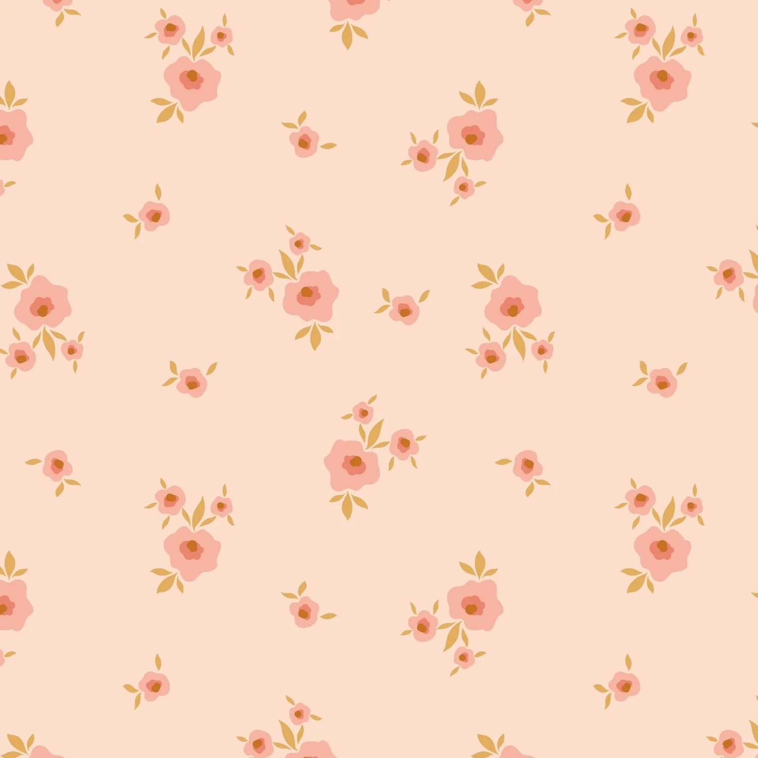 Pattern of pink flowers with gold leaves on a light pink background.