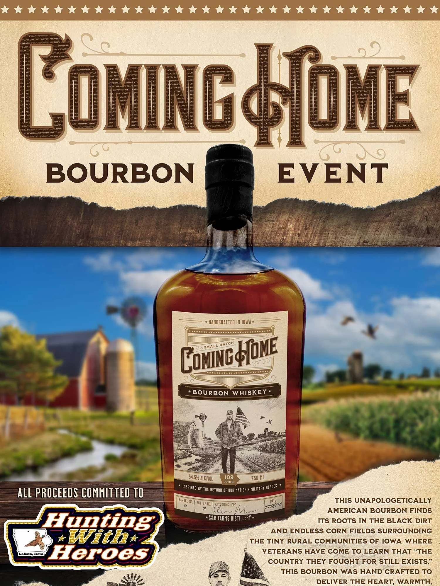 Mockup of a bourbon bottle design in front of a farm scene