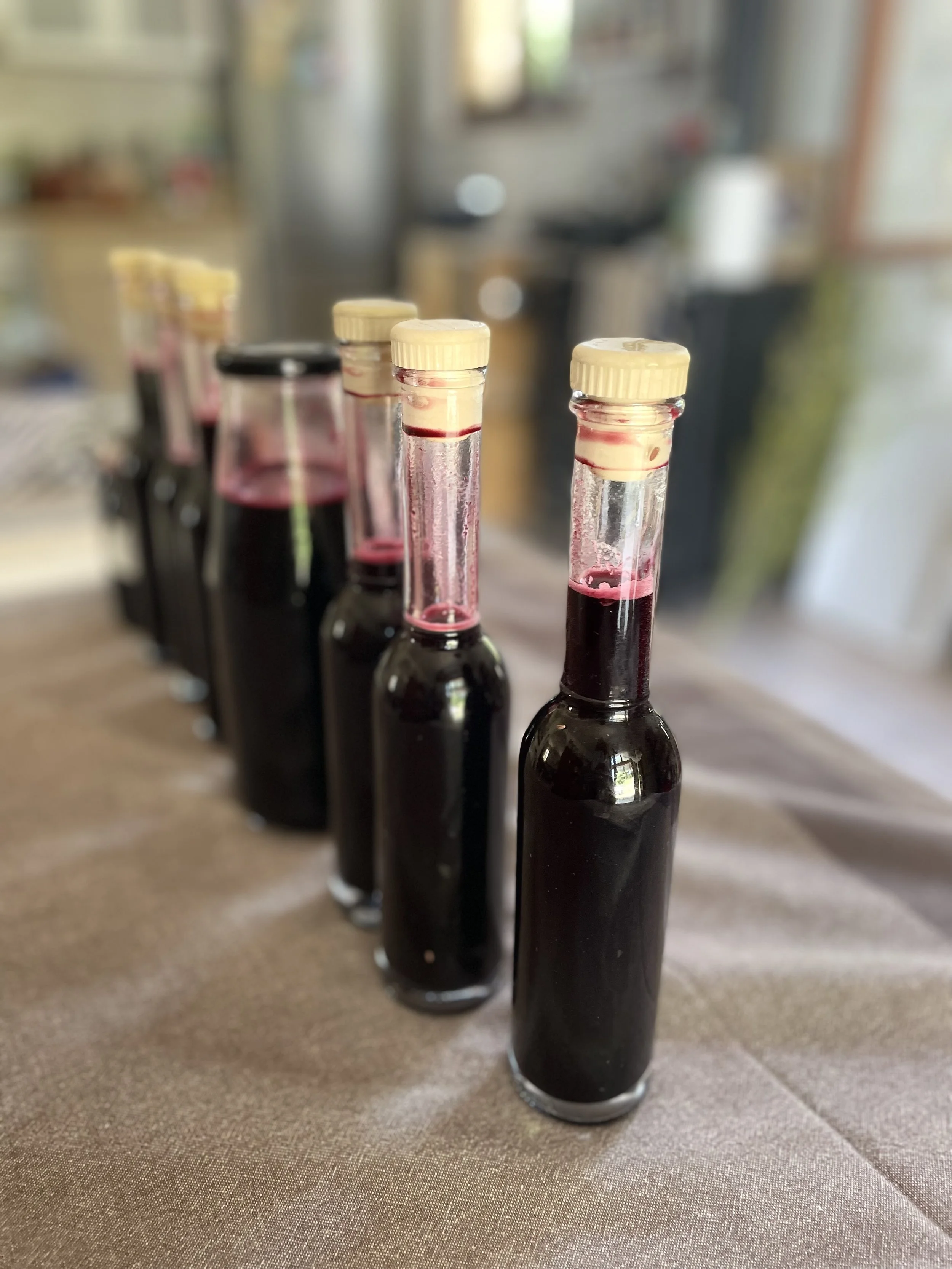 A row of glass bottles filled with dark red liquid, with beige and black caps, placed on a brown surface in a kitchen setting.