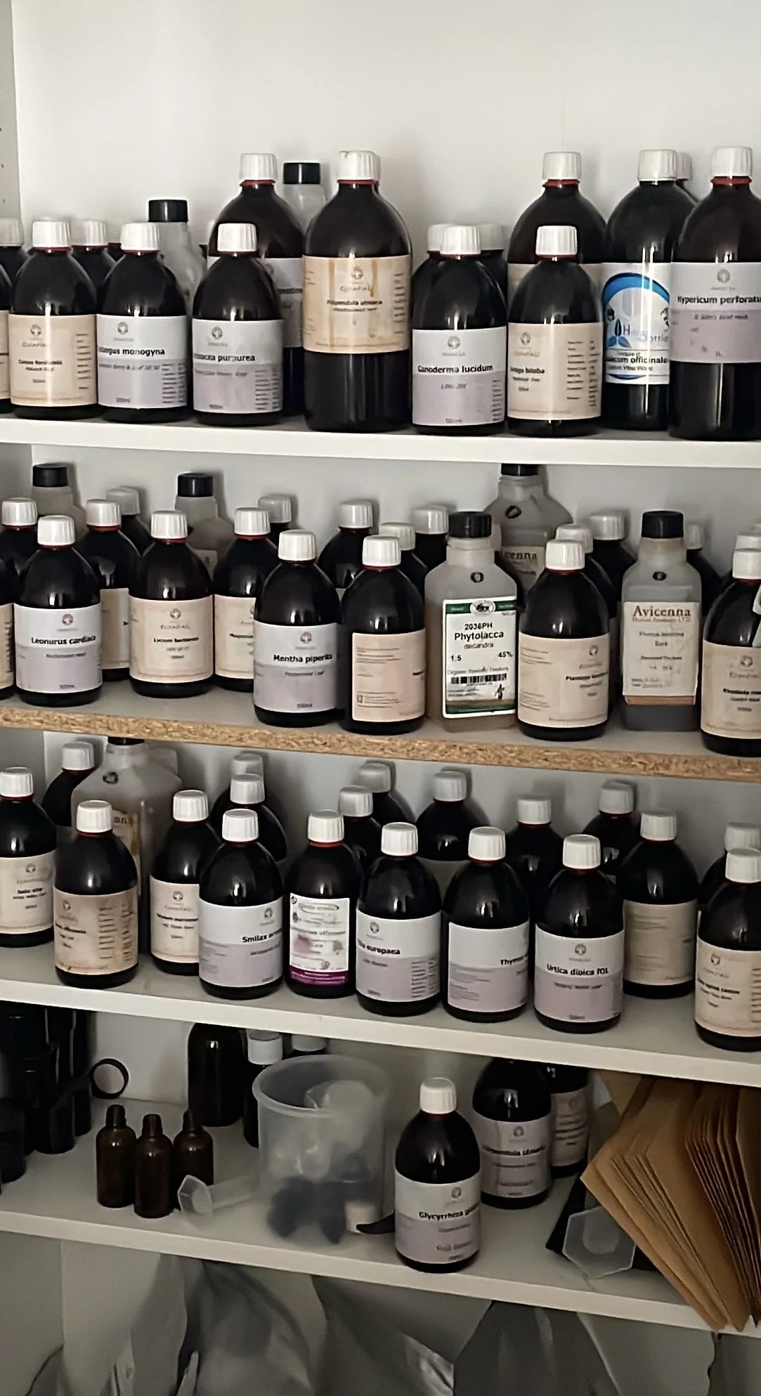 Shelves filled with brown bottles labeled with medicinal or herbal names, in a storage room or pharmacy setting.