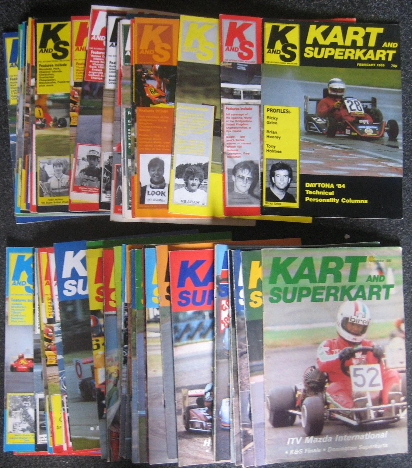 A collection of vintage car racing magazines, titled 'KART AND SUPERKART', featuring cover photos of go-kart racing scenes and driver profiles from the 1980s.