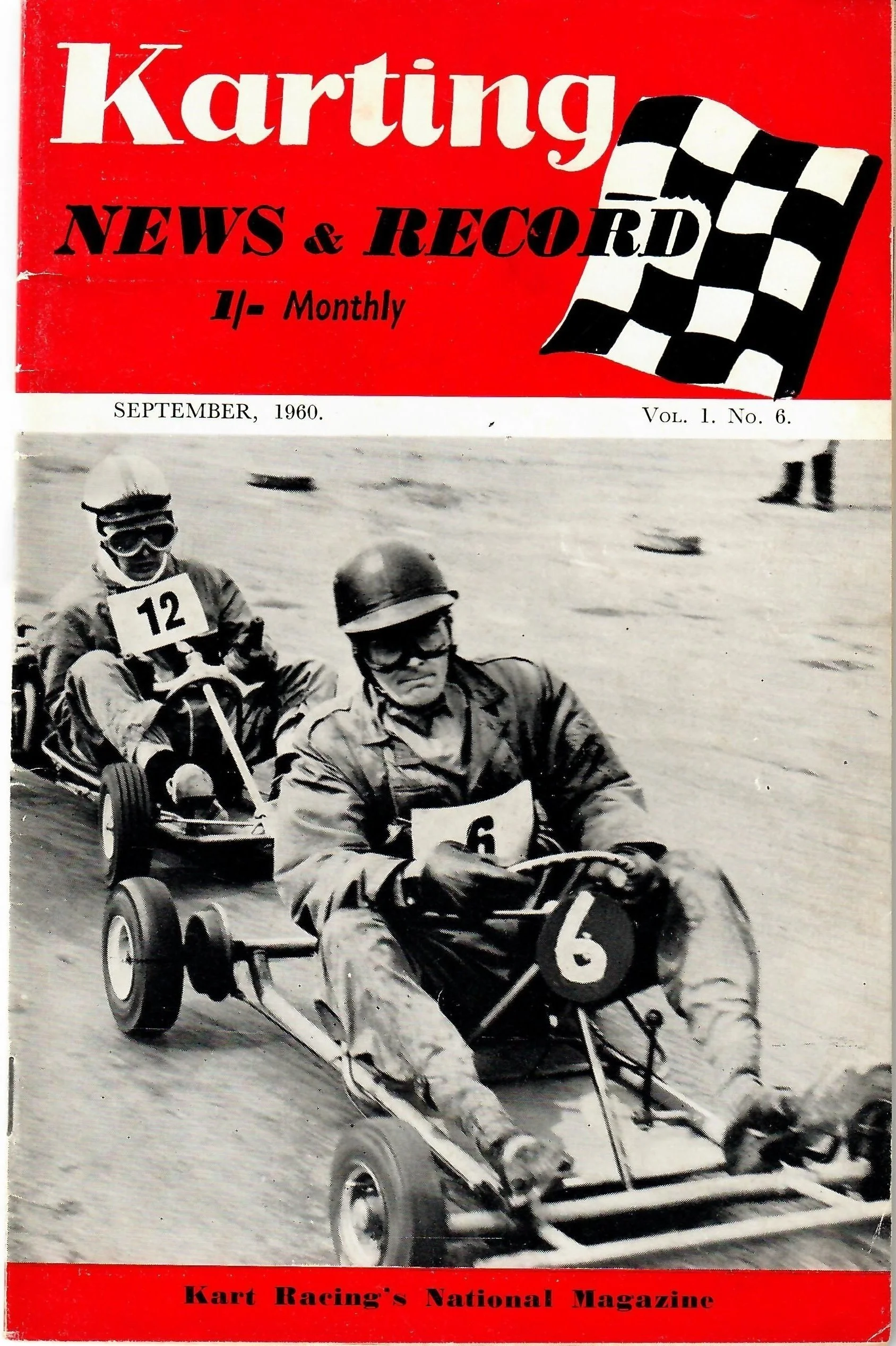 Vintage cover of a racing magazine from September 1960, featuring black-and-white photo of children racing in small go-karts with numbers on their shirts, on a dirt track.