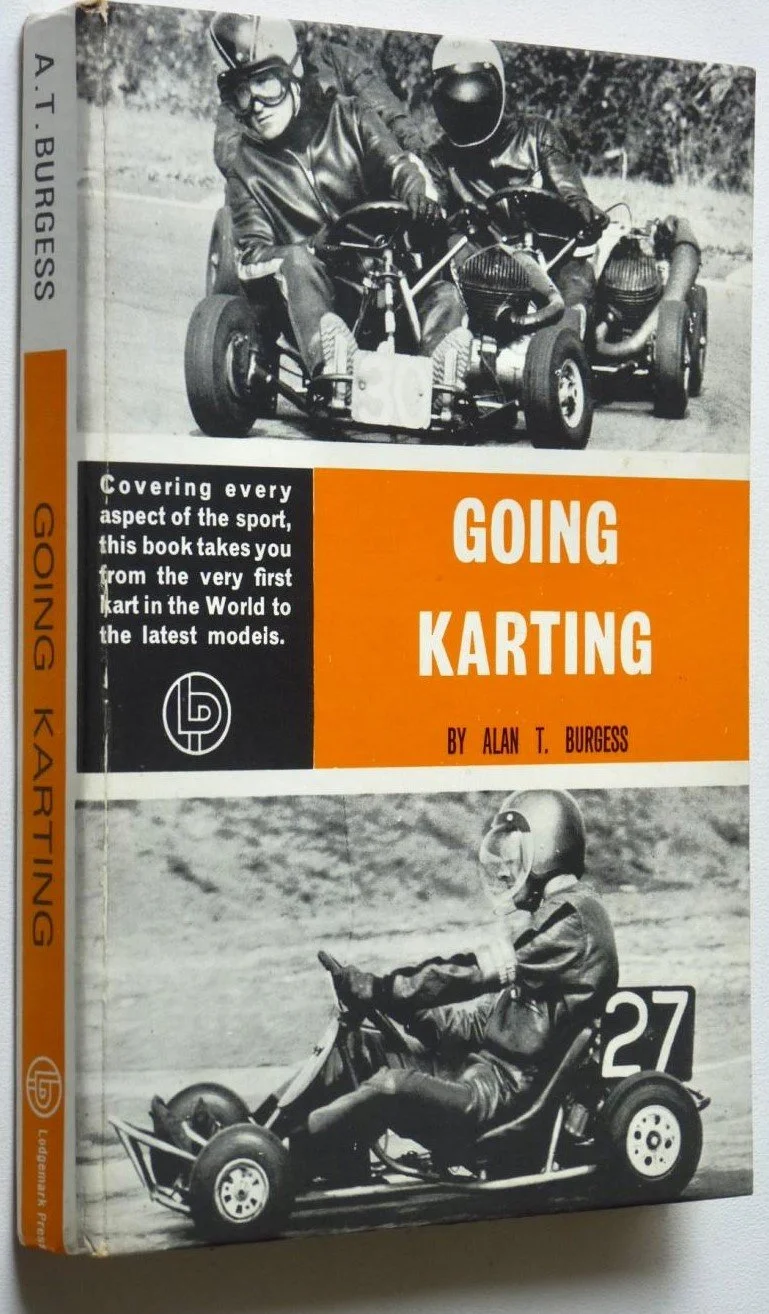 A black and white book cover titled "Going Karting" by Alan T. Burgess. The cover features vintage photographs of children racing go-karts, one in the top half wearing a helmet and racing gear, and another in the bottom half wearing a helmet and racing gear as well.