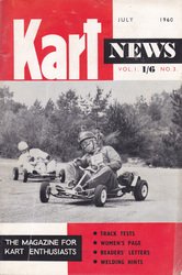 July 1960 issue of Kart News magazine featuring a black and white photo of children riding go-karts outdoors.
