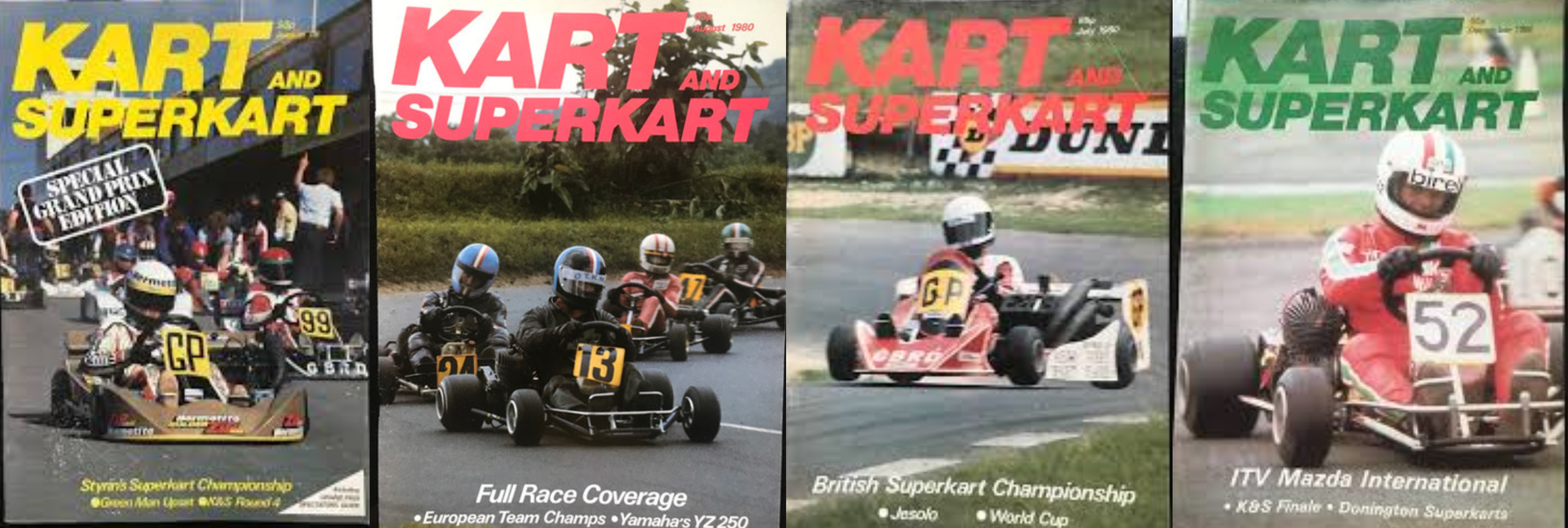 Four vintage kart racing magazine covers from various years featuring go-kart racers and race cars.