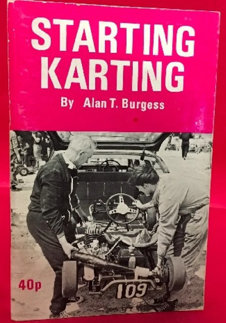 Book cover titled "Starting Karting" by Alan T. Burgess, featuring a black and white photo of two men working on a go-kart with the number 109.