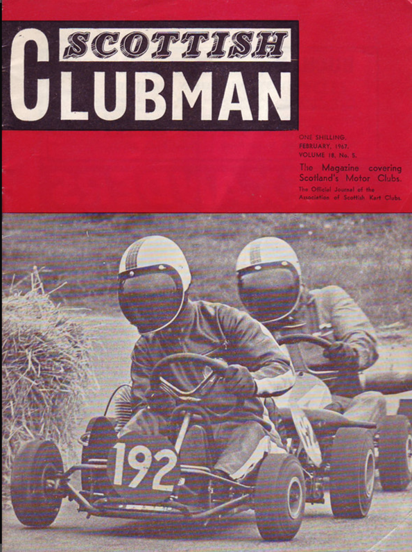Cover of Scottish Clubman magazine from February 1967, featuring two people riding go-karts on a track with hay bales, the person in the front wearing a helmet with the number 192 on the front.