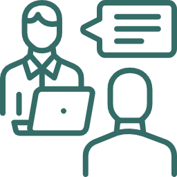 Line drawing of a person wearing glasses working on a laptop, speaking with another person with their back turned