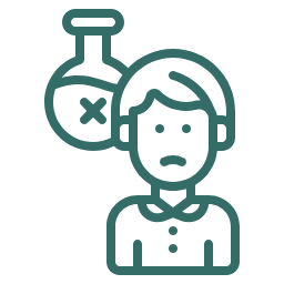 Line drawing of a person with a worried expression, with a chemistry flask and test tube behind them.