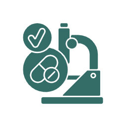 Microscope with antibodies and a checkmark indicating positive scientific results