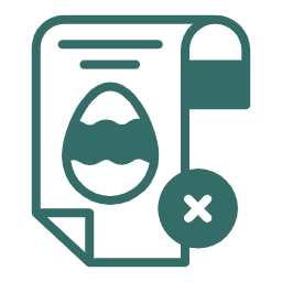 A document with a large egg stamp and a circular icon with a cross over it.
