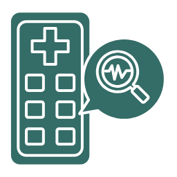 Smartphone with medical cross icon and magnifying glass showing heartbeat graph
