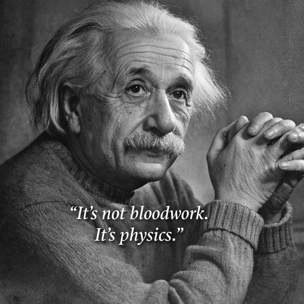 Albert Einstein portrait representing a physics-based, science-informed approach to cellular wellness assessment