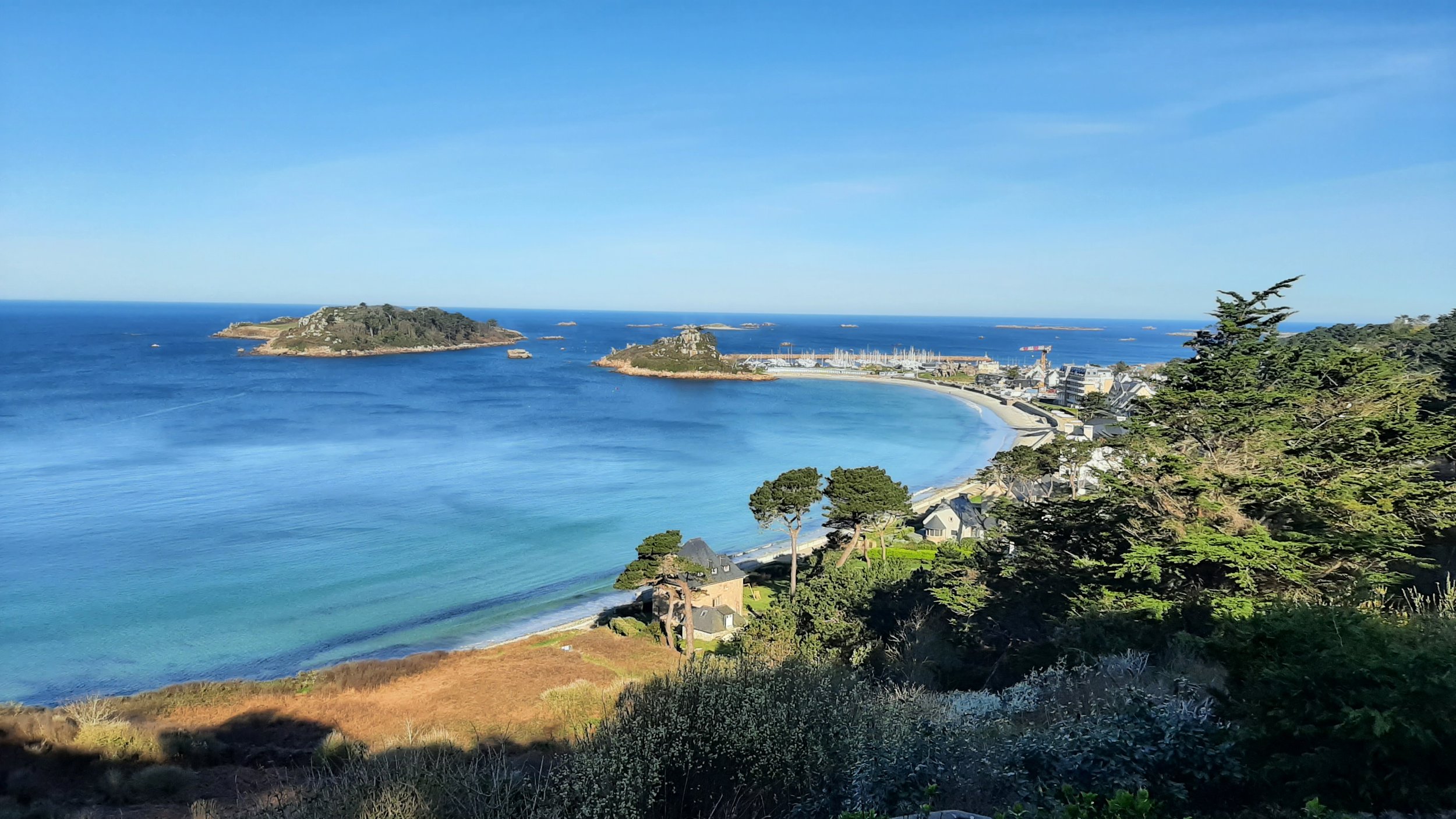 Vue sur le port de Trébeurden et l'île Milliau dans les Côtes d'Armor, depuis un jardin dominant la mer.