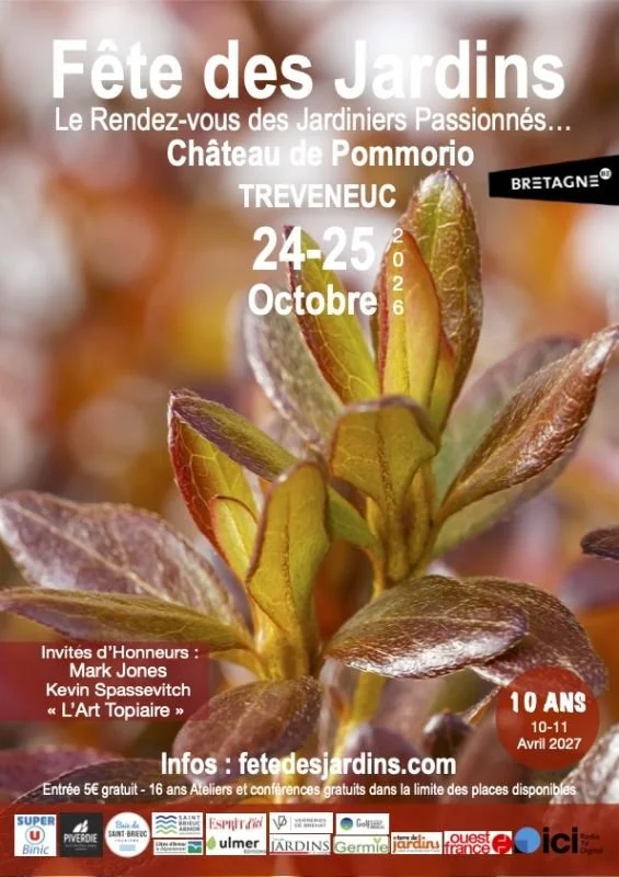 Affiche de la Fête des Jardins du château de Pommorio à Tréveneuc, les 24 et 25 octobre 2026, avec pour thème l'art topiaire et la participation de l'Atelier Callarec.