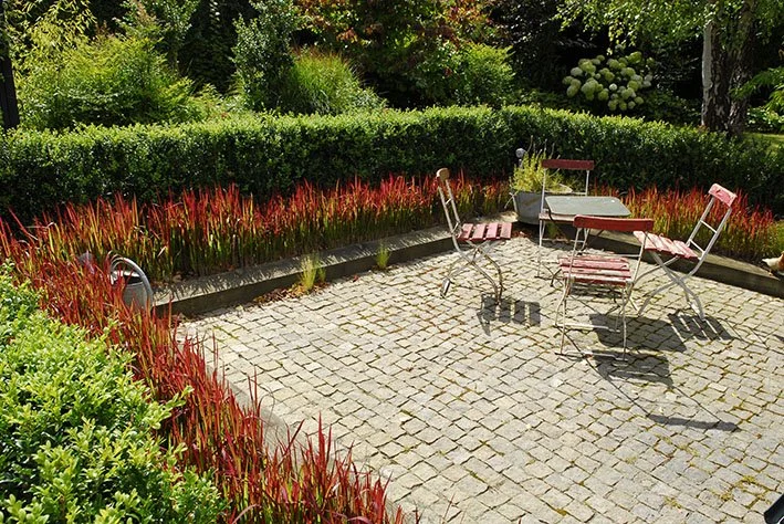 Terrasse carrée en pavés de granit, marches en bois naturel, lignes végétales en graminées rouges, à Saint Brieuc dans les Côtes d'Armor.