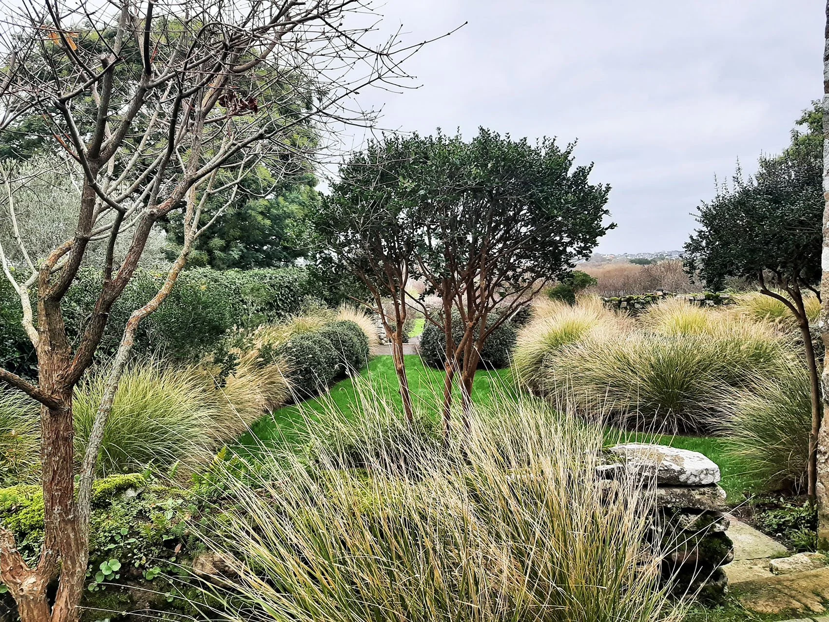 Jardin paysager près de Carnac avec muret en pierre, graminées et ouverture sur le paysage littoral