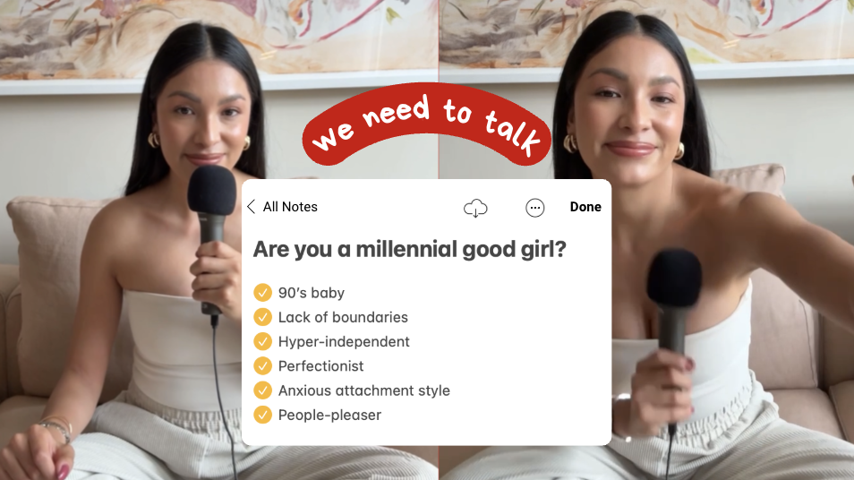 A woman sitting on a beige sofa holding a microphone, with a second woman and a note-taking app on the screen. The note asks, 'Are you a millennial good girl?' and lists traits like '90's baby' and 'Hyper-independent'. There is a red speech bubble above saying 'we need to talk'.